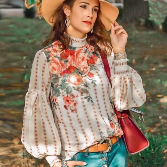 RoseThorn Chiffon Floral Print Long Sleeve Blouse - Picture 2 of 5